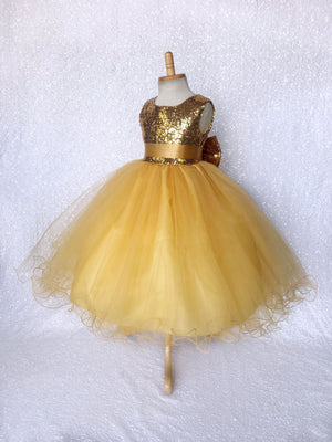 Gold Yellow Sleeveless Mini Sequence 2 Layer Tulle Fishing Line Big Bow