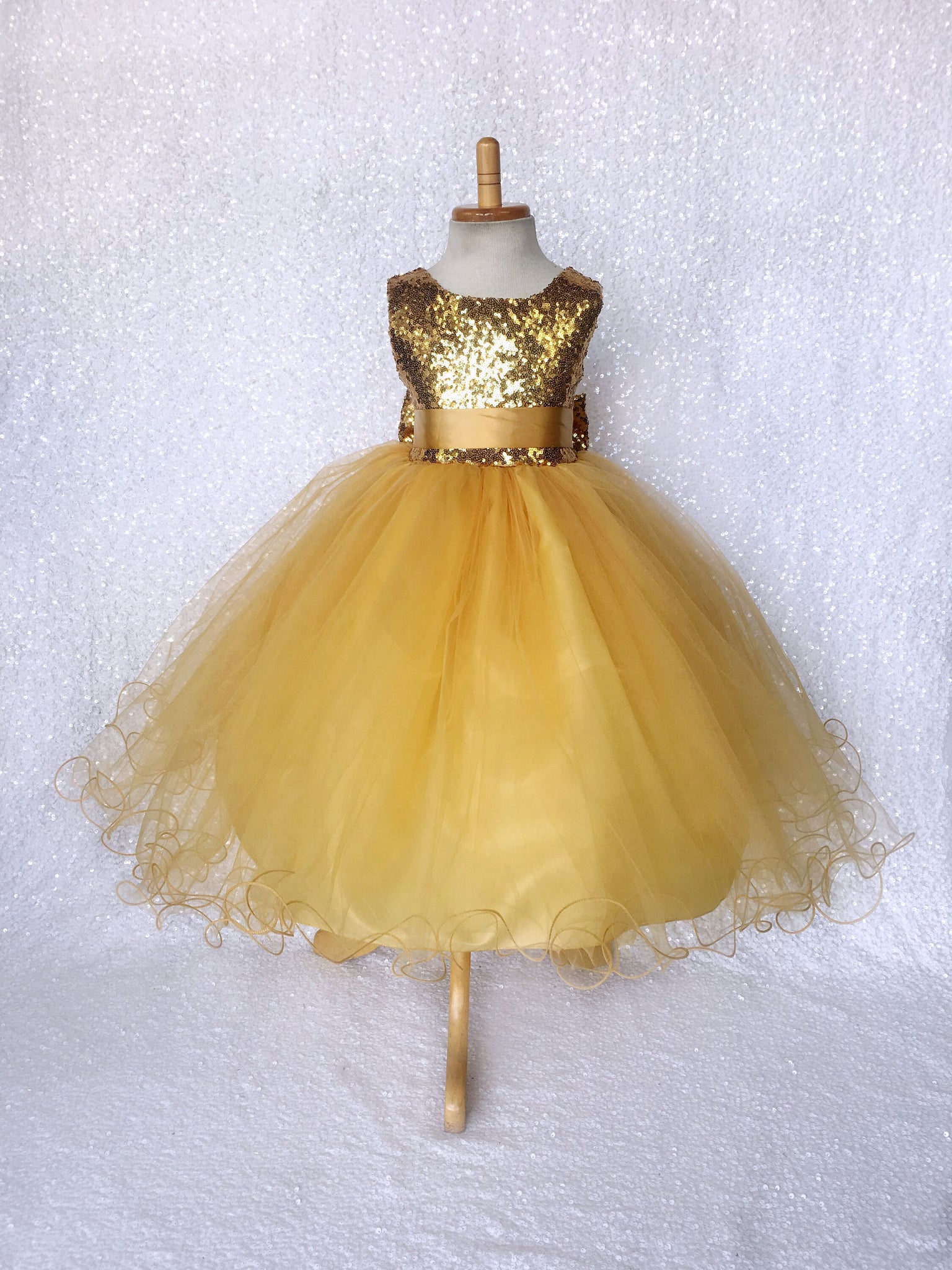 Gold Yellow Sleeveless Mini Sequence 2 Layer Tulle Fishing Line Big Bow