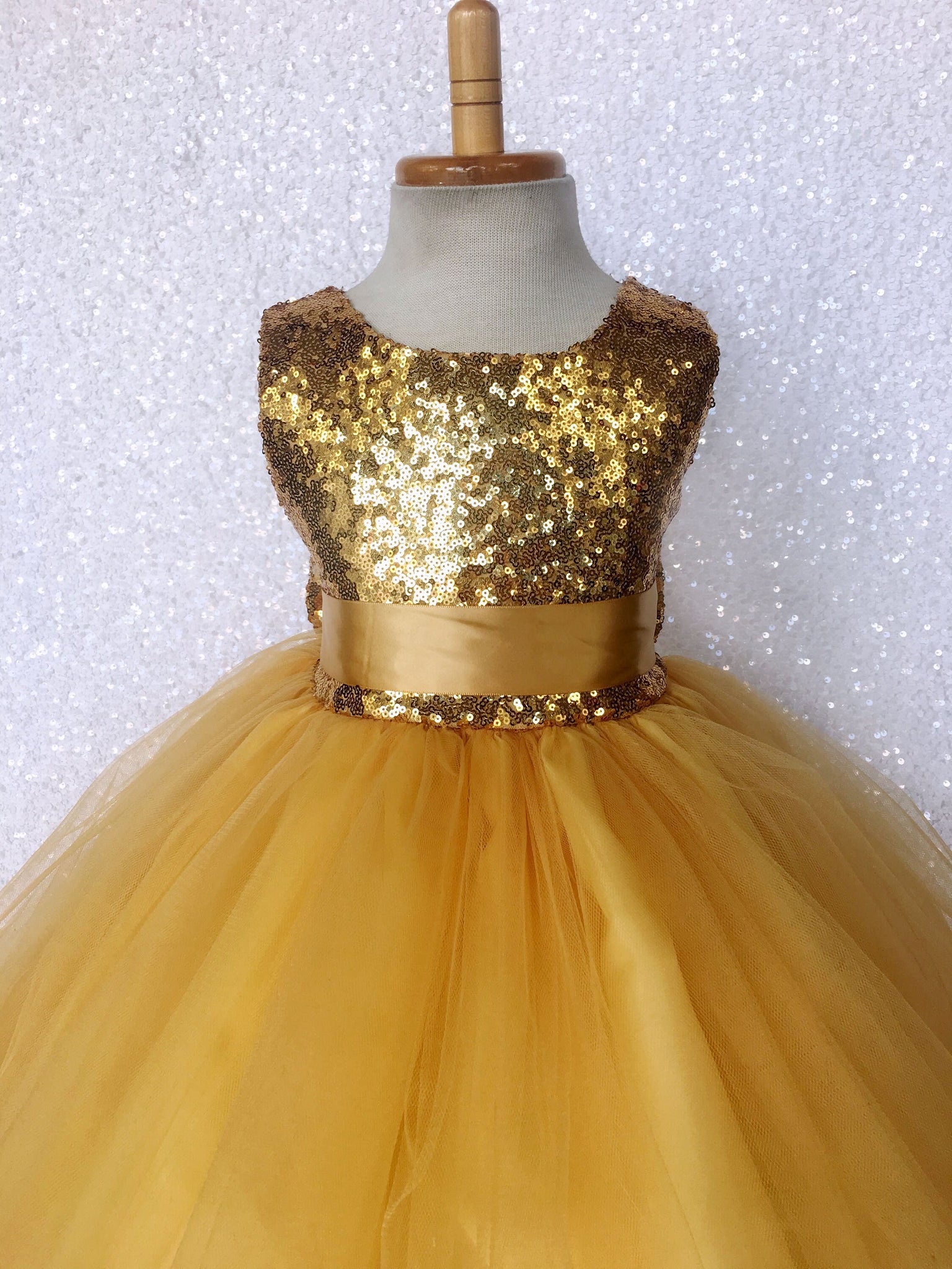 Gold Yellow Sleeveless Mini Sequence 2 Layer Tulle Fishing Line Big Bow