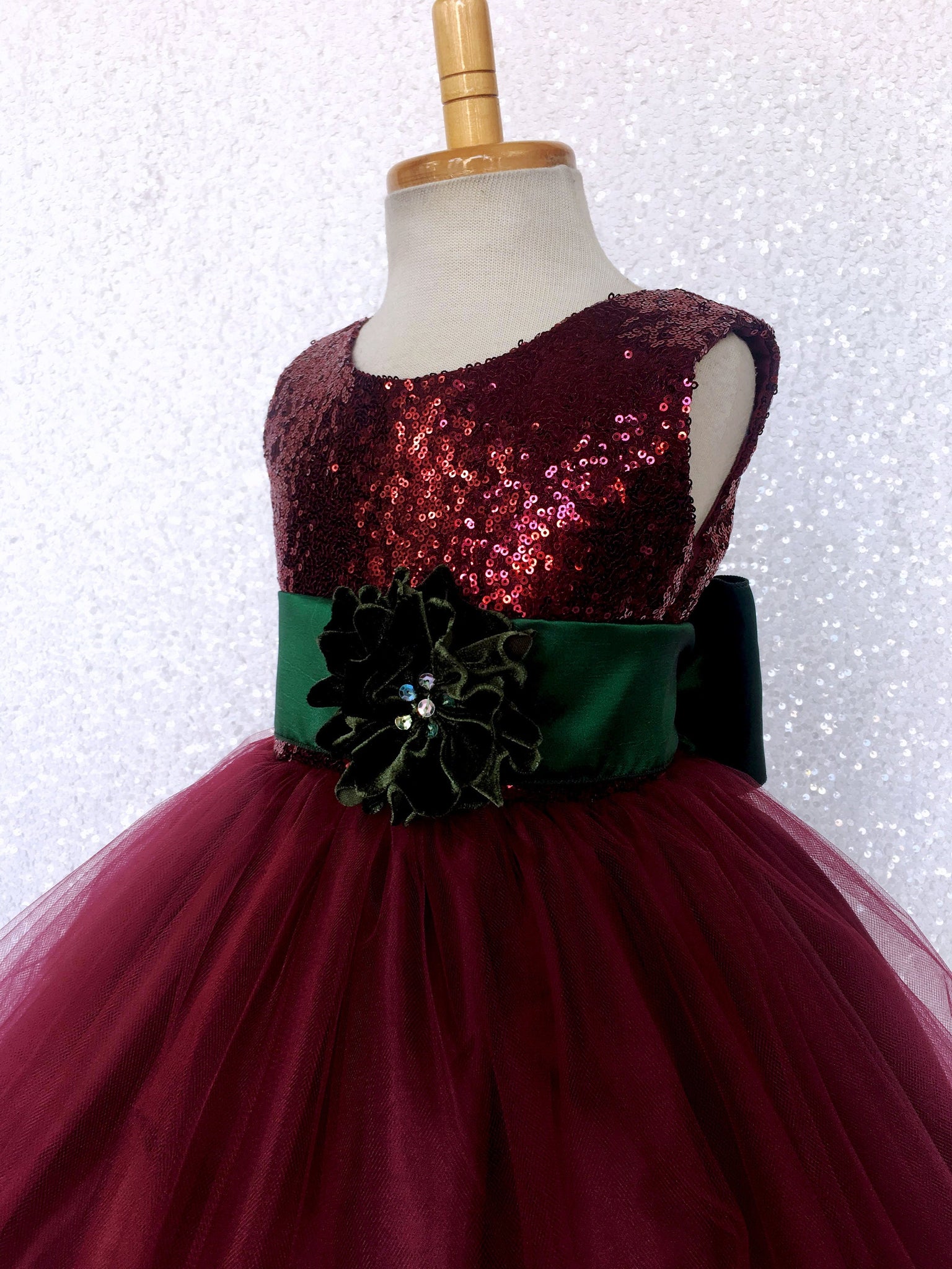 Burgundy Sequin Tulle 2 Layer Dress Hunter Green Velvet Flower Sash