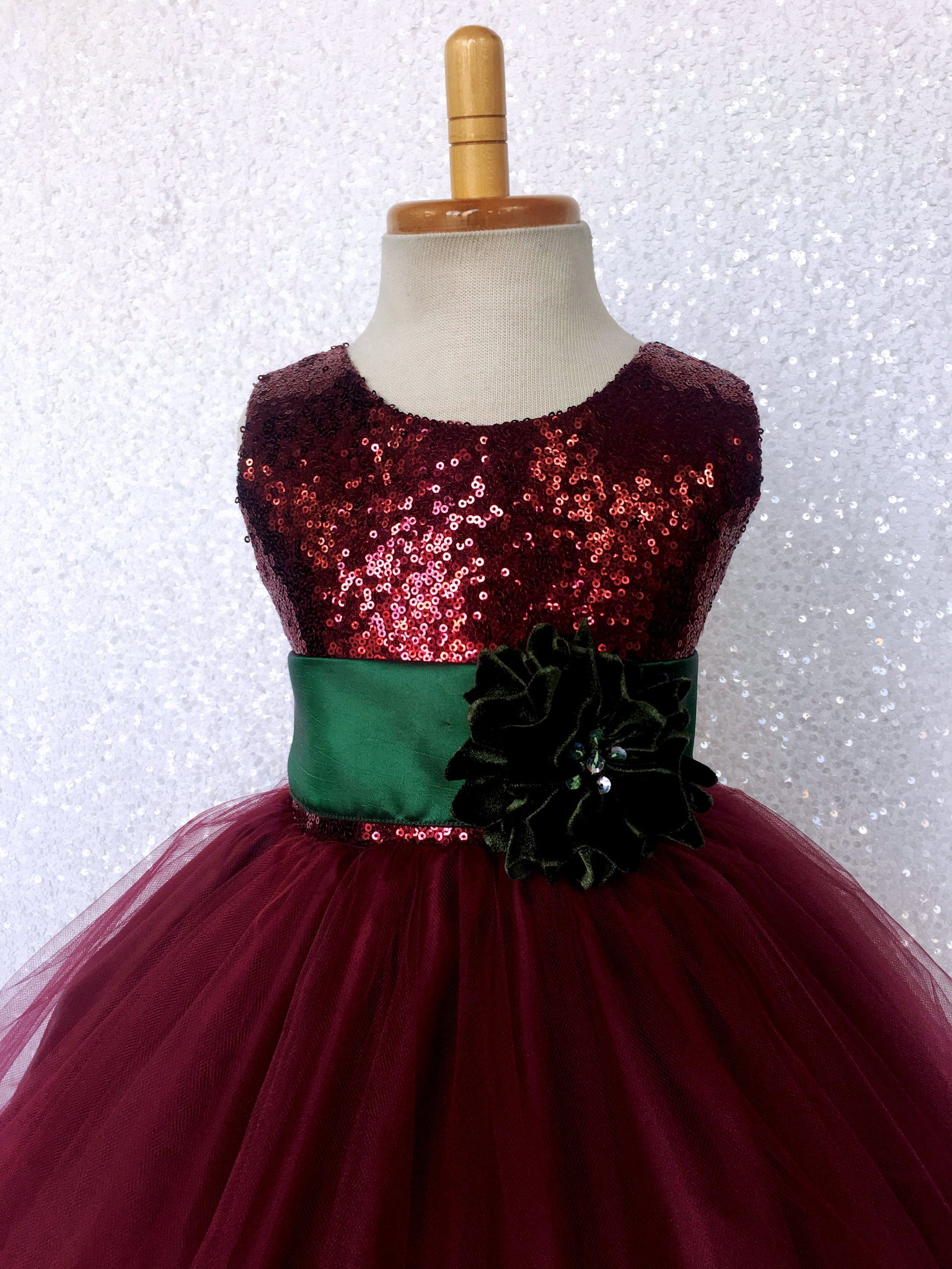 Burgundy Sequin Tulle 2 Layer Dress Hunter Green Velvet Flower Sash