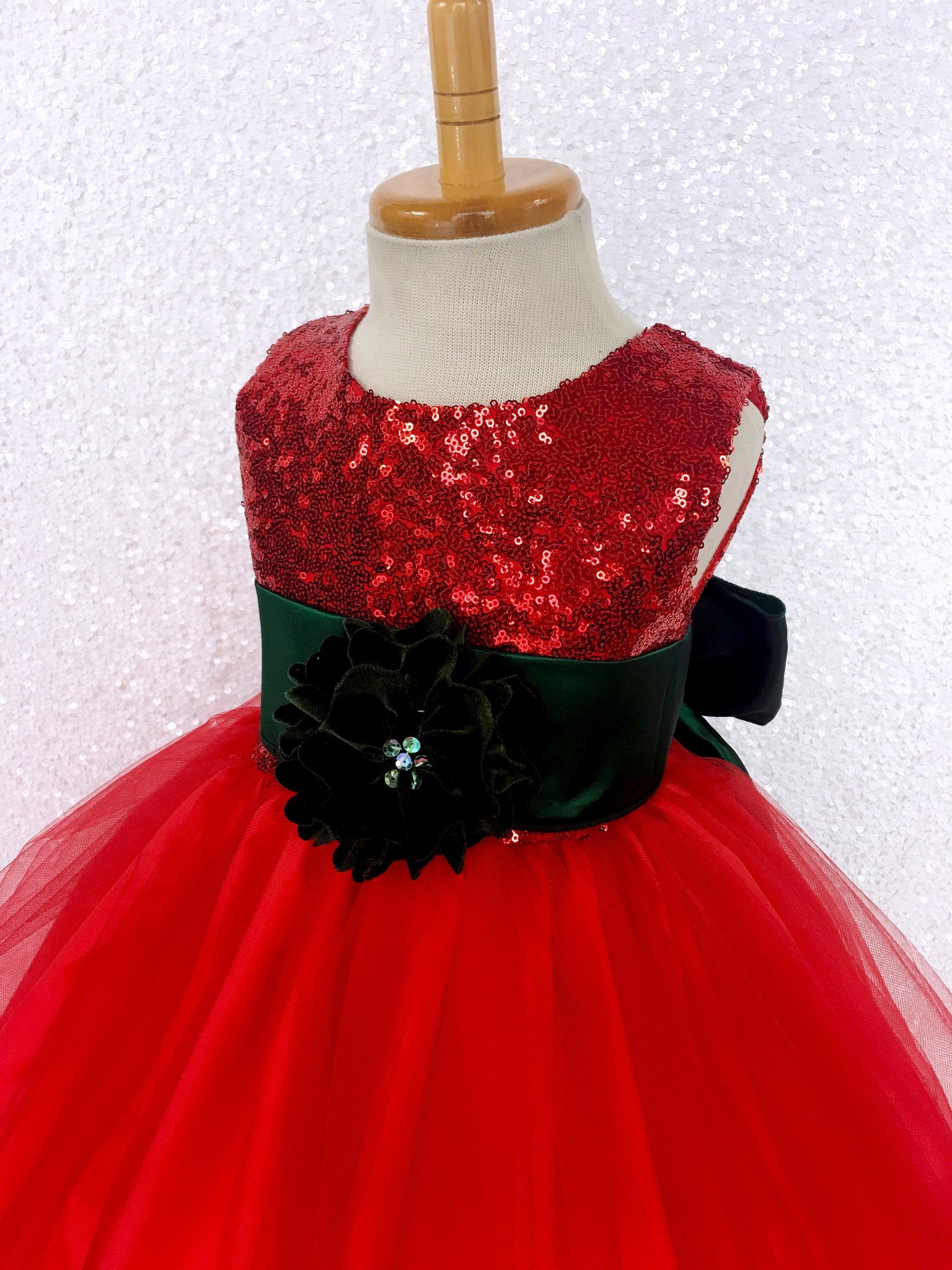 Sequin Fishing Line Tulle Red Gown Hunter Green Velvet Flower