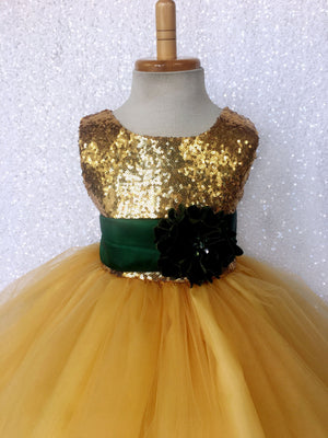 Sequence Yellow Gold 2 Layer Hunter Green Satin Sash Velvet Flower Gown