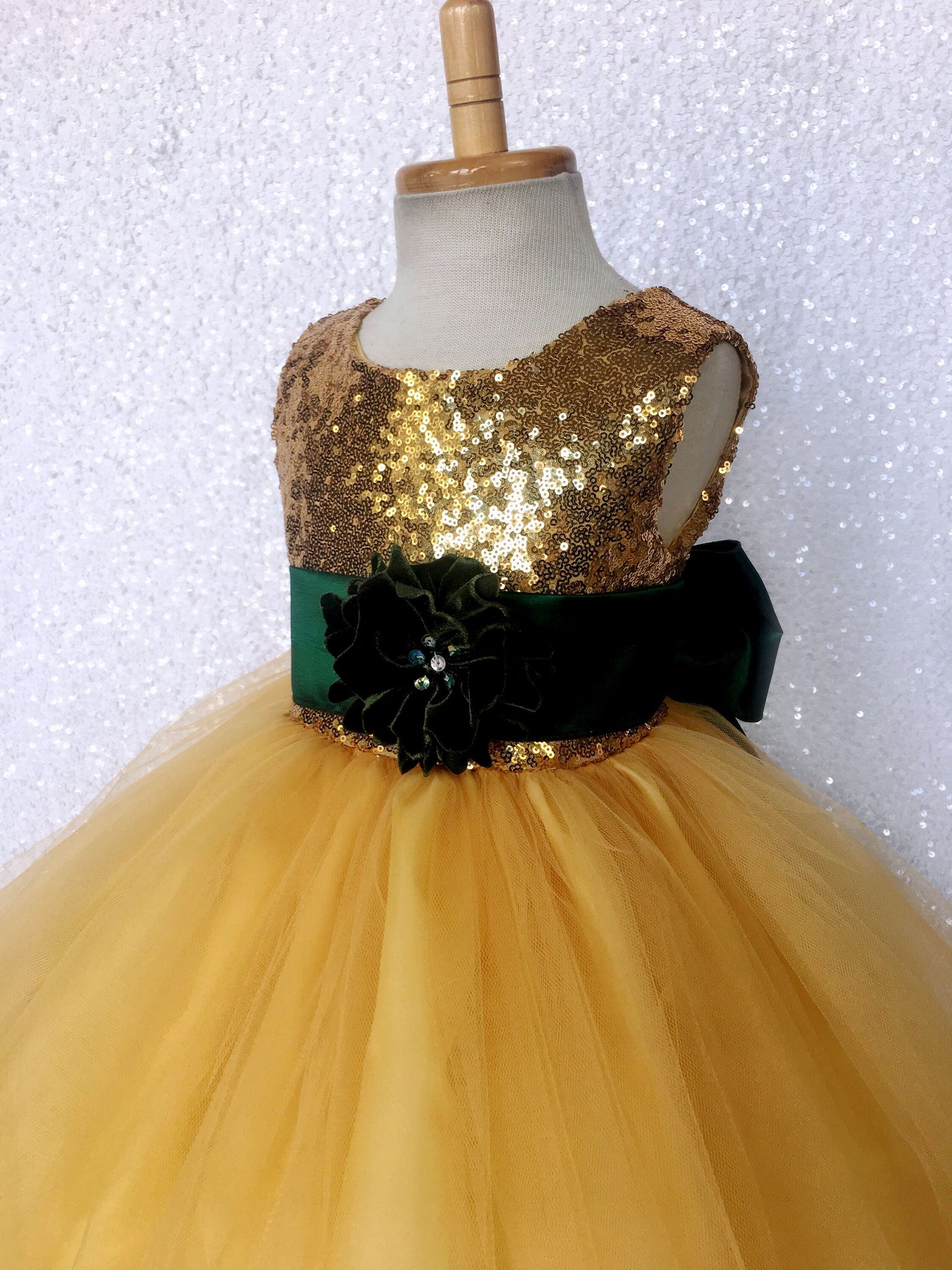 Sequence Yellow Gold 2 Layer Hunter Green Satin Sash Velvet Flower Gown