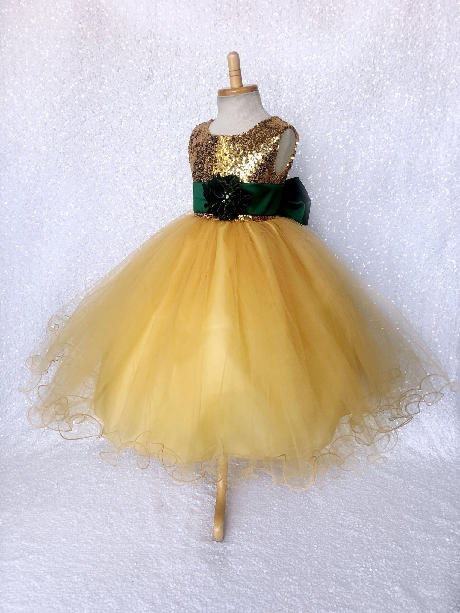 Sequence Yellow Gold 2 Layer Hunter Green Satin Sash Velvet Flower Gown