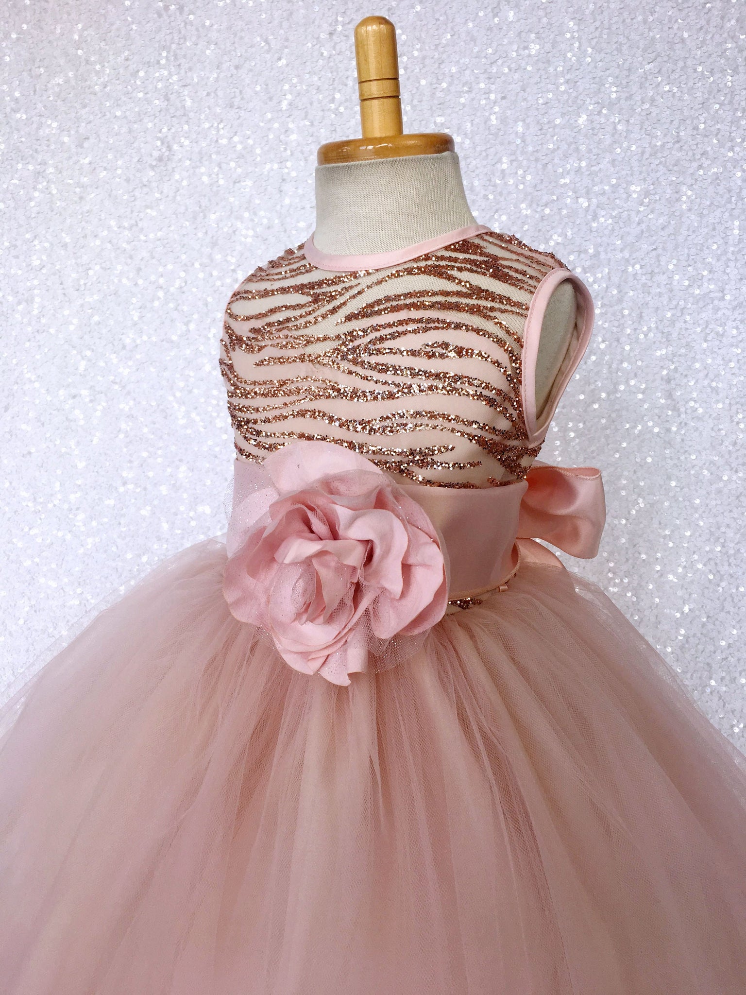 Sleeveless Rose Gold Glitter Satin Mesh Tulle Gown Sash Flower