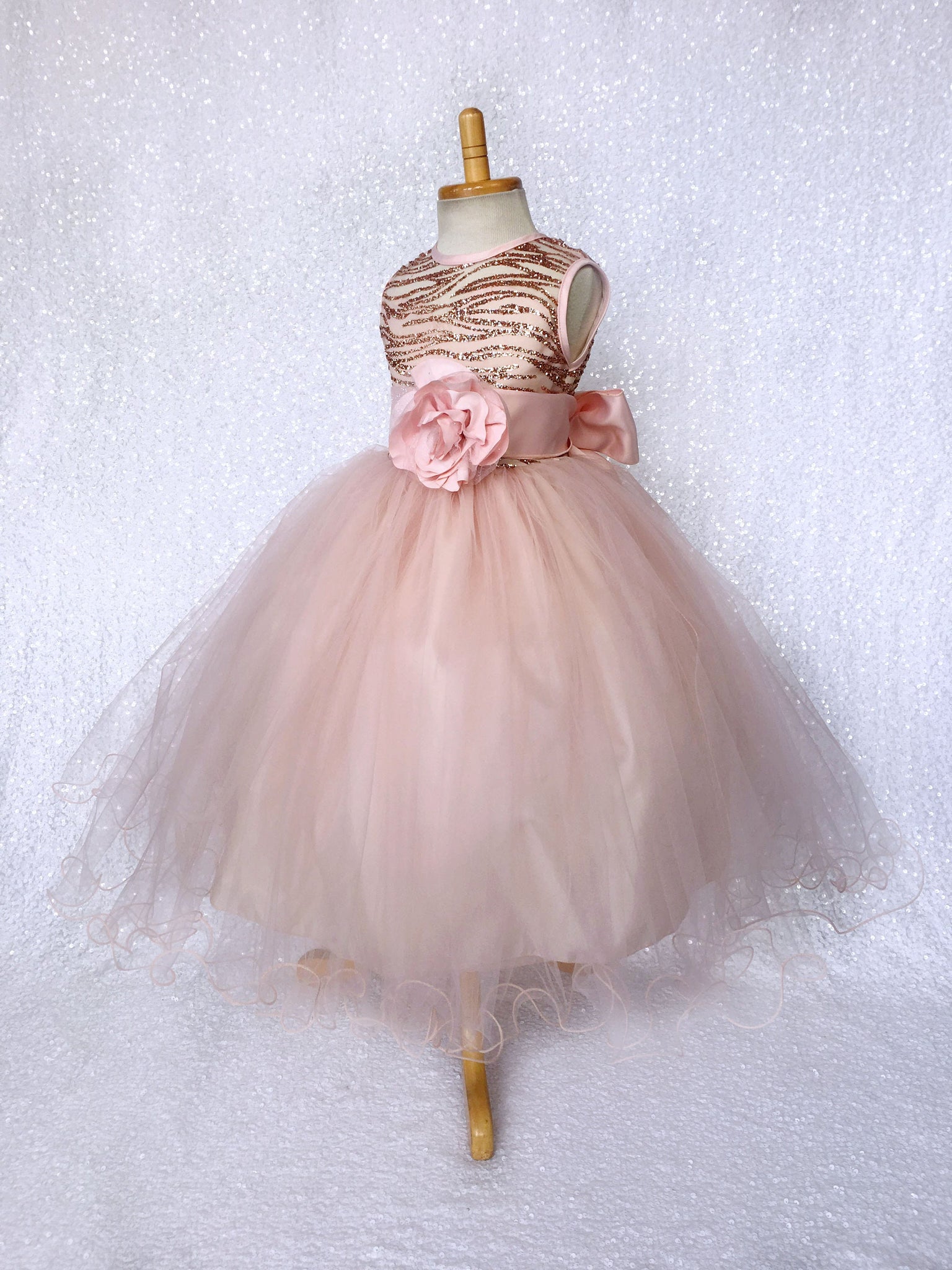 Sleeveless Rose Gold Glitter Satin Mesh Tulle Gown Sash Flower