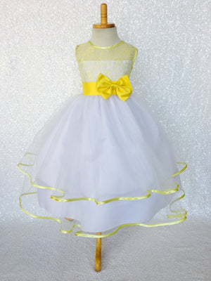 Sleeveless Yellow Lace Satin Bias 2 Layer White Skirt Keyhole Dress