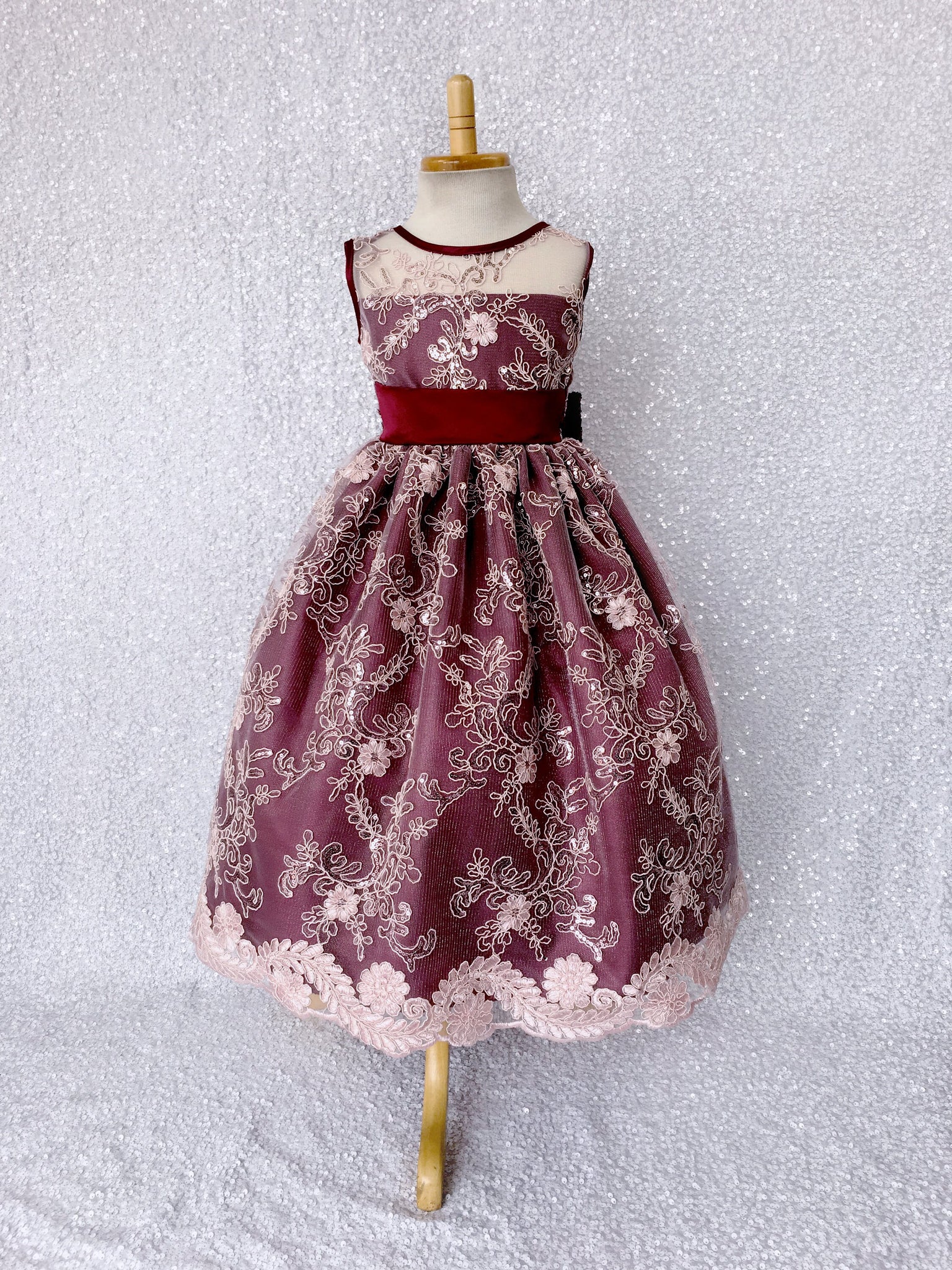 Sleeveless Burgundy Floral Mesh Blush Pink Embroidery Lace Dress