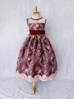 Sleeveless Burgundy Floral Mesh Blush Pink Embroidery Lace Dress