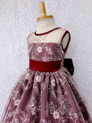 Sleeveless Burgundy Floral Mesh Blush Pink Embroidery Lace Dress