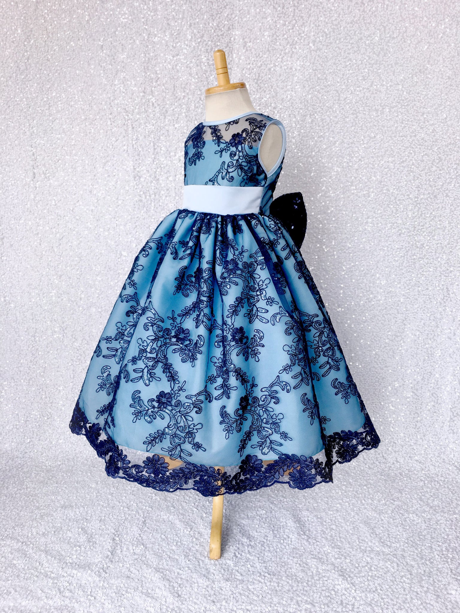 Navy Flower Mesh Embroidery Baby Blue Sequin Bow Gown