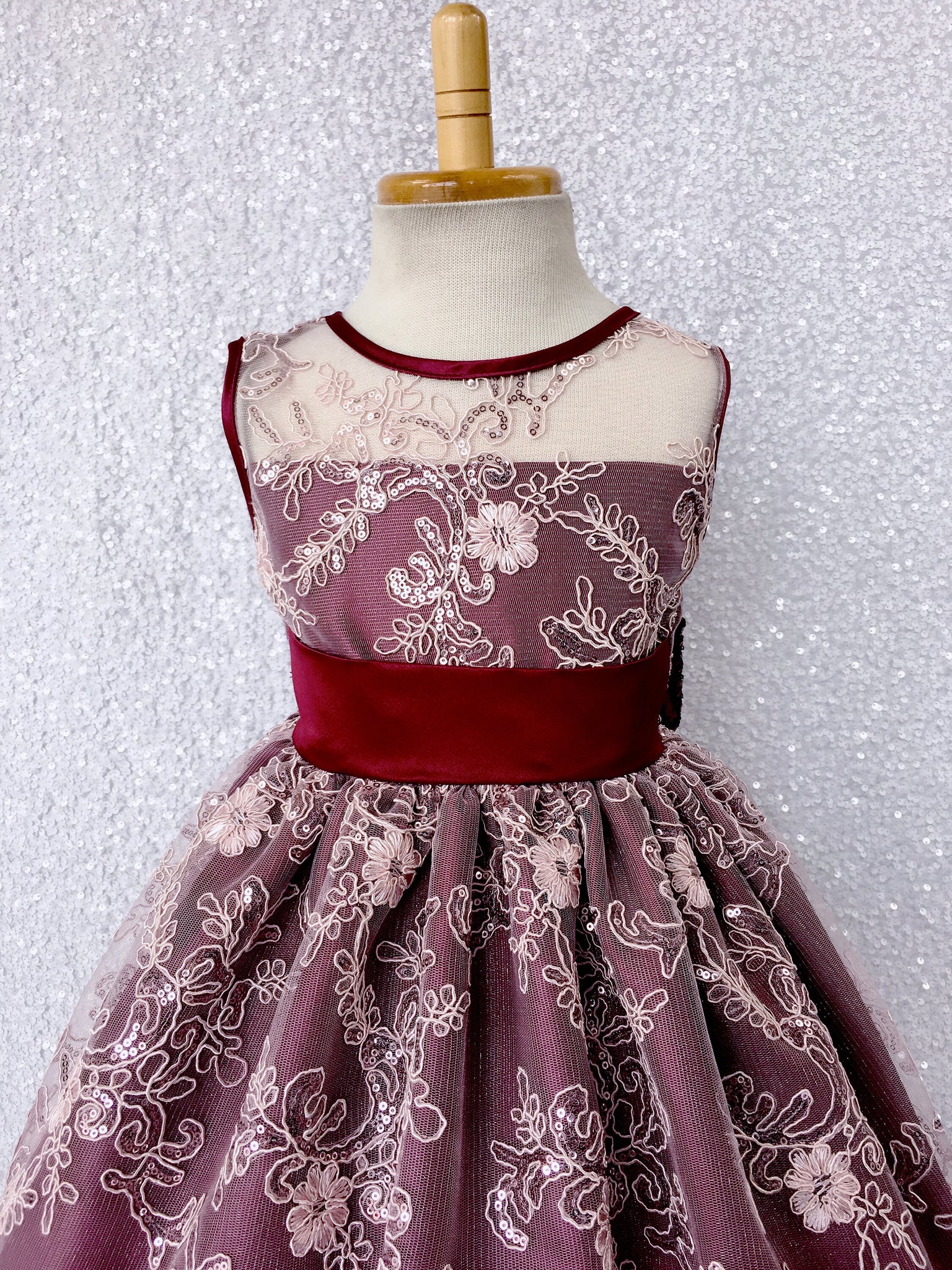 Sleeveless Burgundy Floral Mesh Blush Pink Embroidery Lace Dress