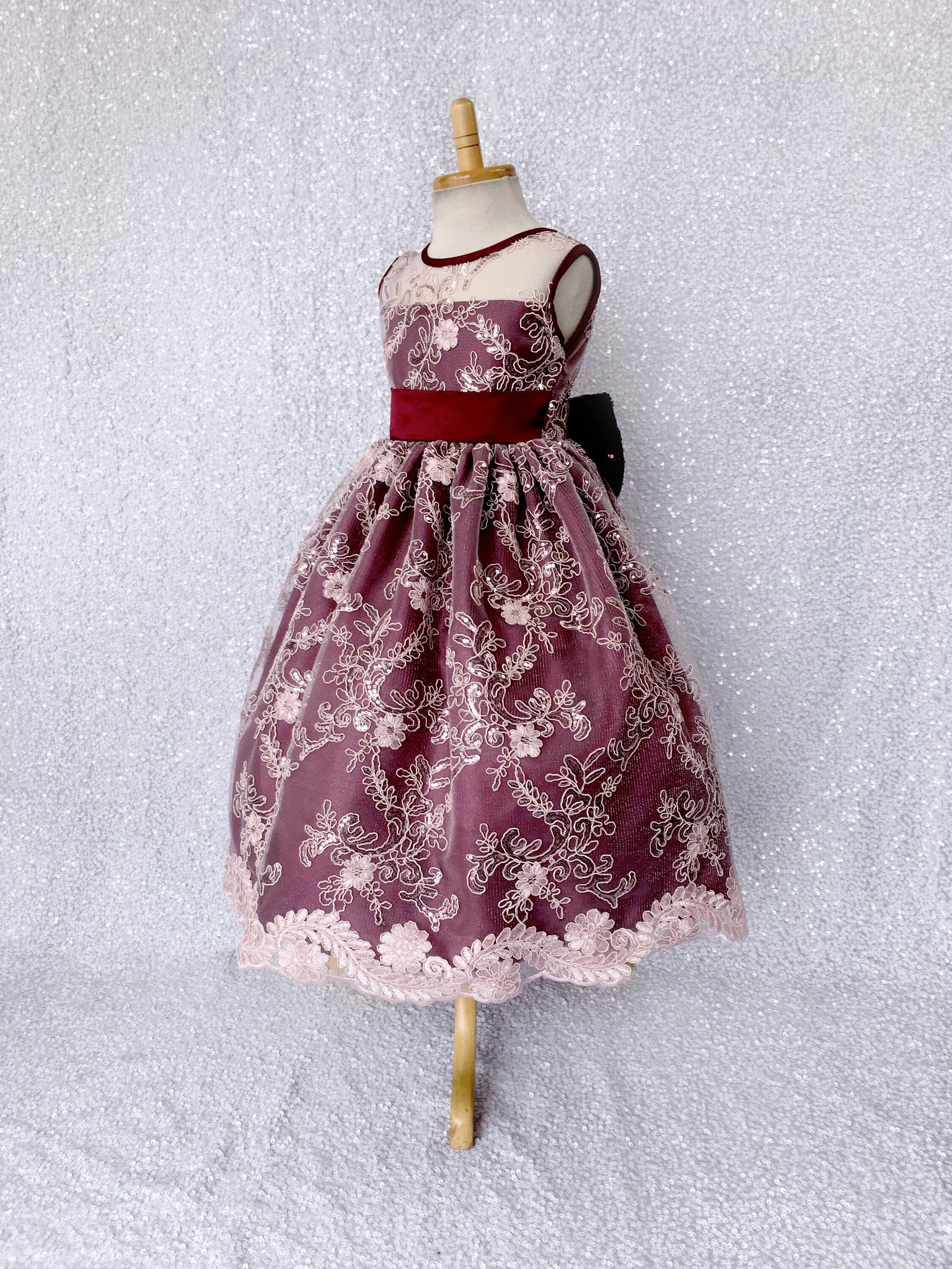 Sleeveless Burgundy Floral Mesh Blush Pink Embroidery Lace Dress