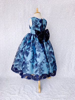 Navy Flower Mesh Embroidery Baby Blue Sequin Bow Gown