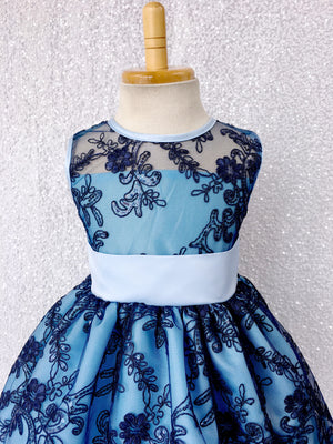 Navy Flower Mesh Embroidery Baby Blue Sequin Bow Gown