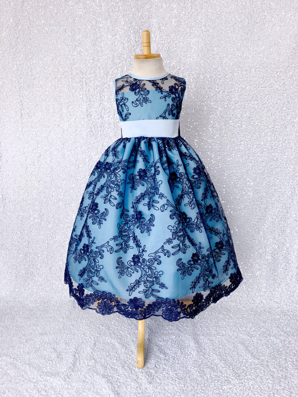 Navy Flower Mesh Embroidery Baby Blue Sequin Bow Gown