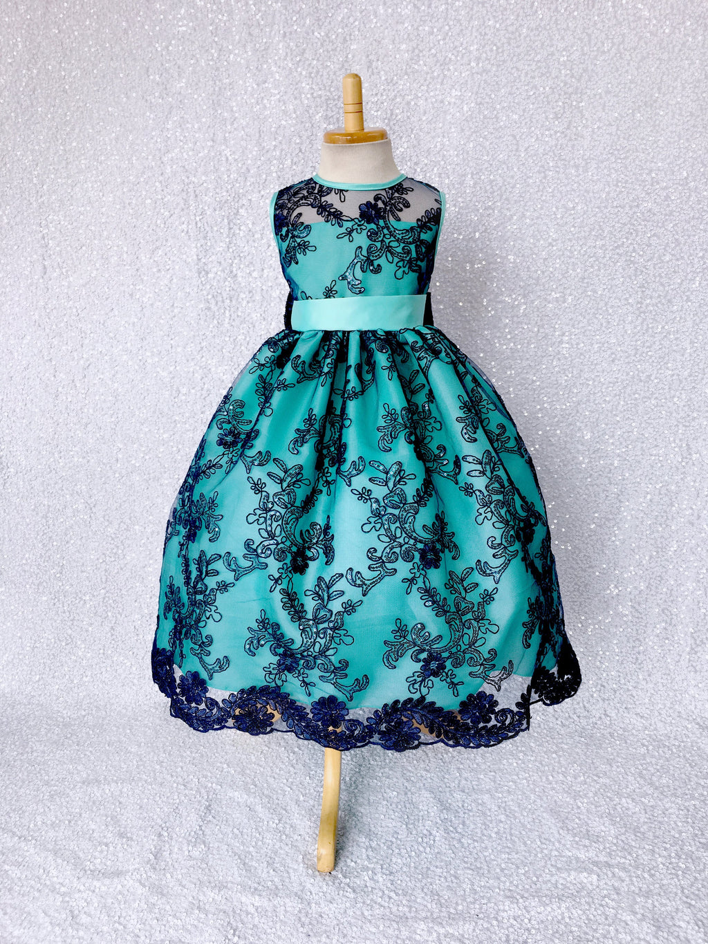 Aqua Navy Sleeveless Embroidery Floral Sequence Bow Gown