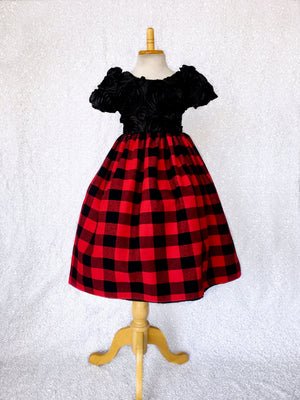 Red Black Buffalo Plaid Cotton Satin 3D Floral Short Sleeve Gown