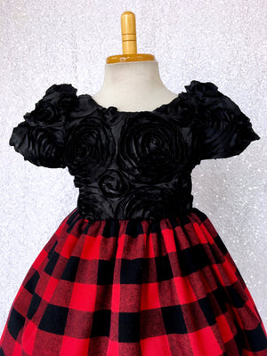 Red Black Buffalo Plaid Cotton Satin 3D Floral Short Sleeve Gown