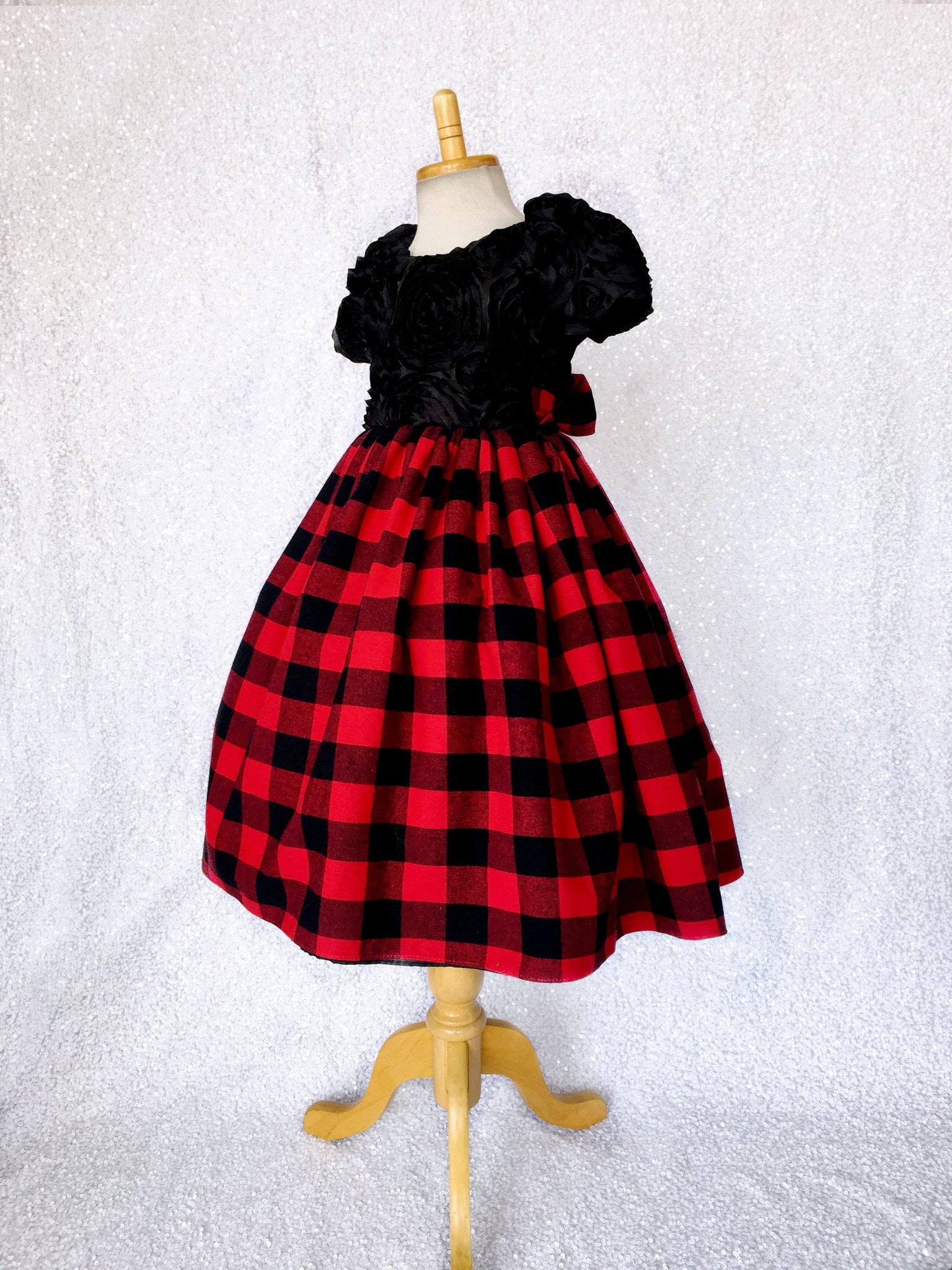 Red Black Buffalo Plaid Cotton Satin 3D Floral Short Sleeve Gown