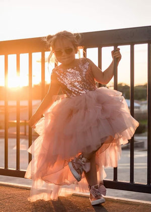 Blush Rose Gold V Back Sleeveless Sequin Tulle High Low Dress