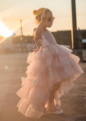 Blush Rose Gold V Back Sleeveless Sequin Tulle High Low Dress