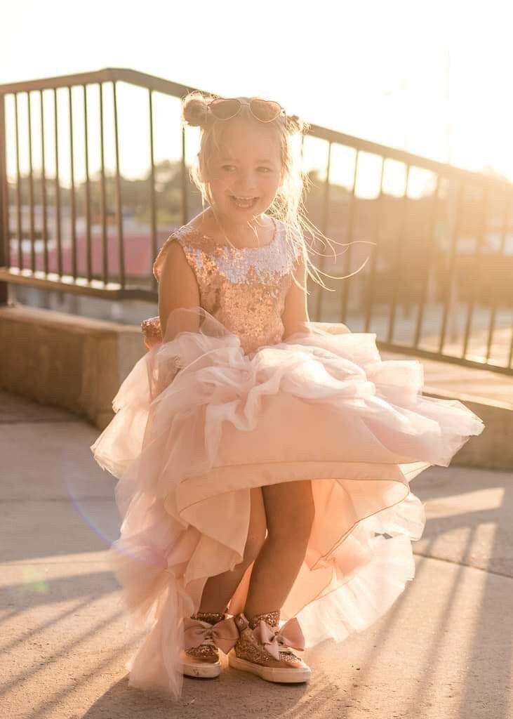 Blush Rose Gold V Back Sleeveless Sequin Tulle High Low Dress