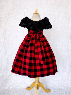 Red Black Buffalo Plaid Cotton Satin 3D Floral Short Sleeve Gown