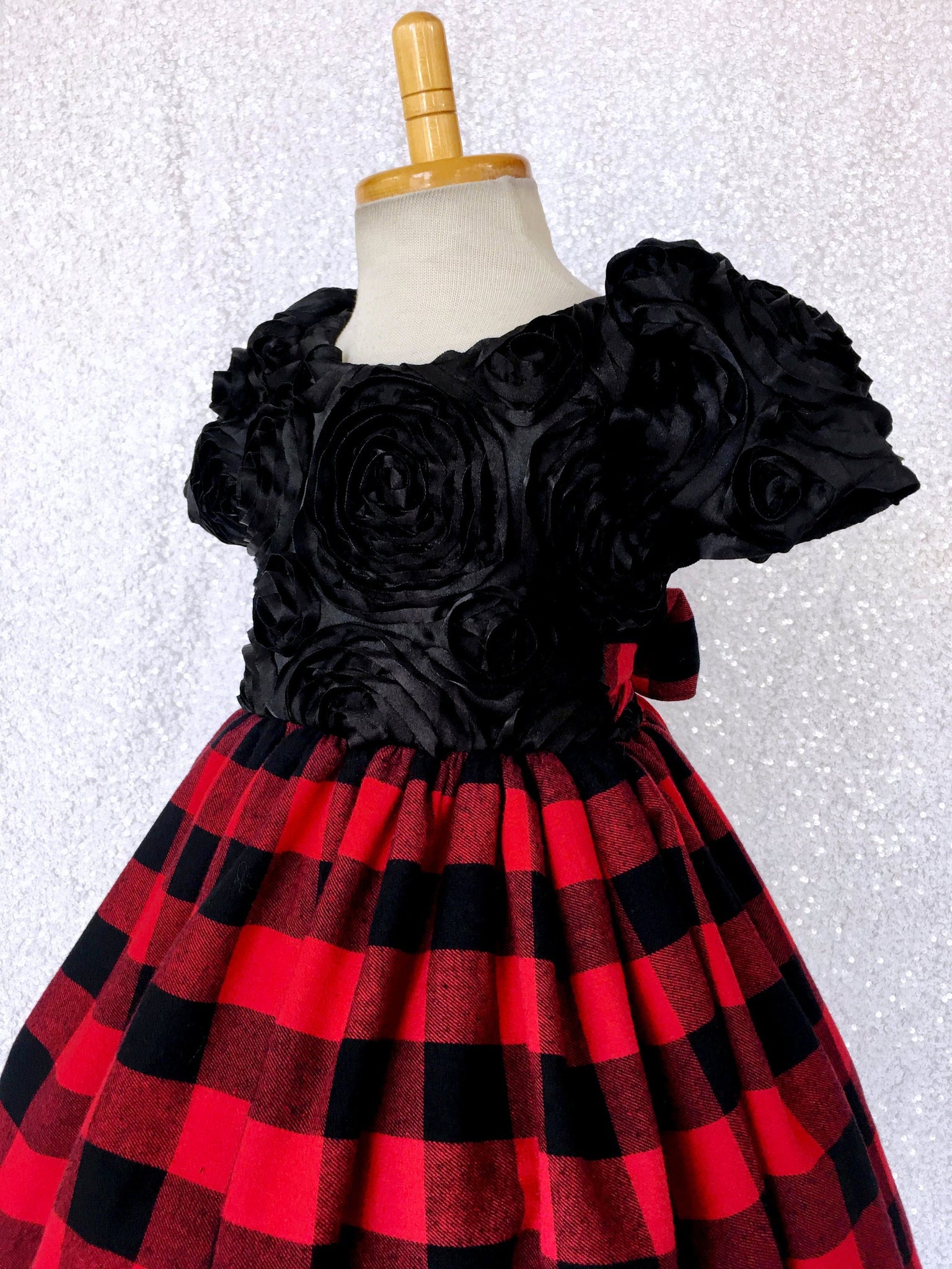 Red Black Buffalo Plaid Cotton Satin 3D Floral Short Sleeve Gown