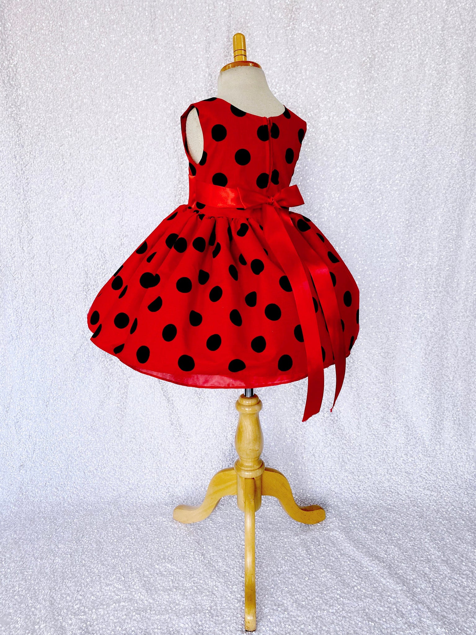 Red & Black Polka Dot Knee Length Ribbon Lady Bug Dress