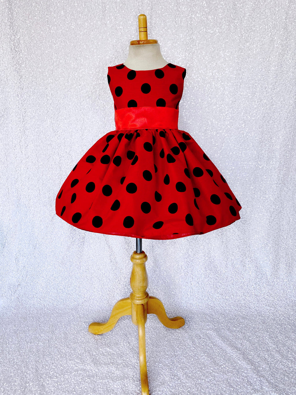 Red & Black Polka Dot Knee Length Ribbon Lady Bug Dress