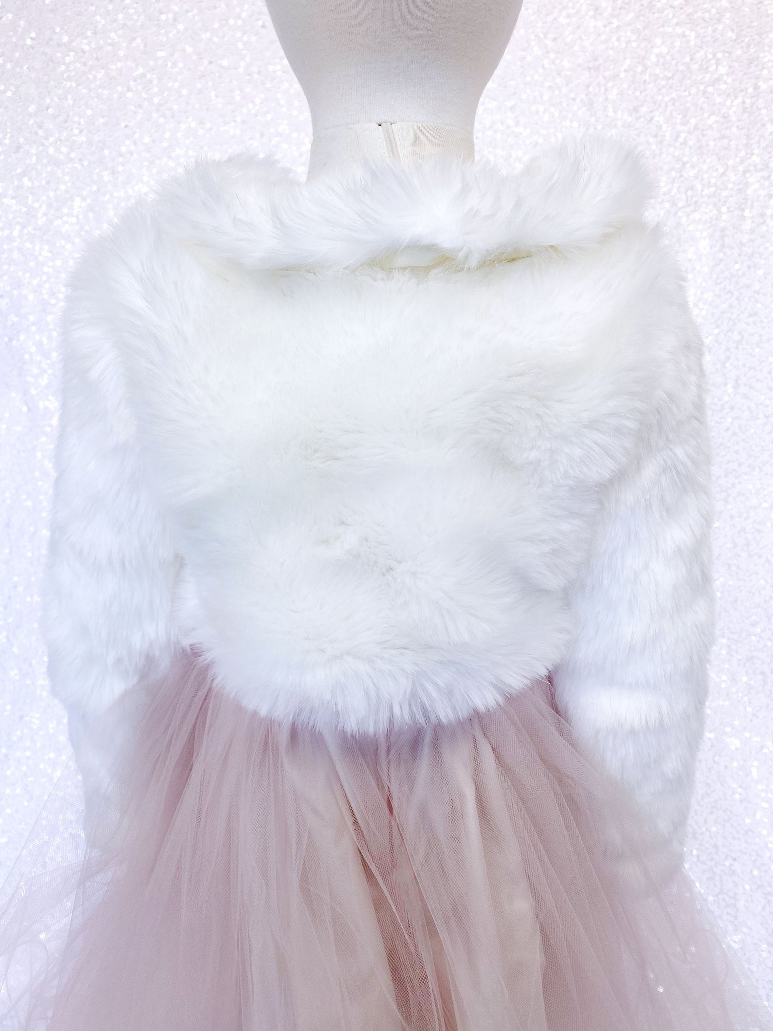 Off White Ivory Formal Chic Open Collar Faux Fur Kid Coat Long Sleeve