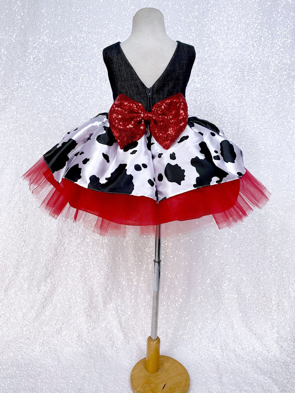 Cowgirl Denim V-Back Cowprint Satin Red Tulle Dress Sequin Bow