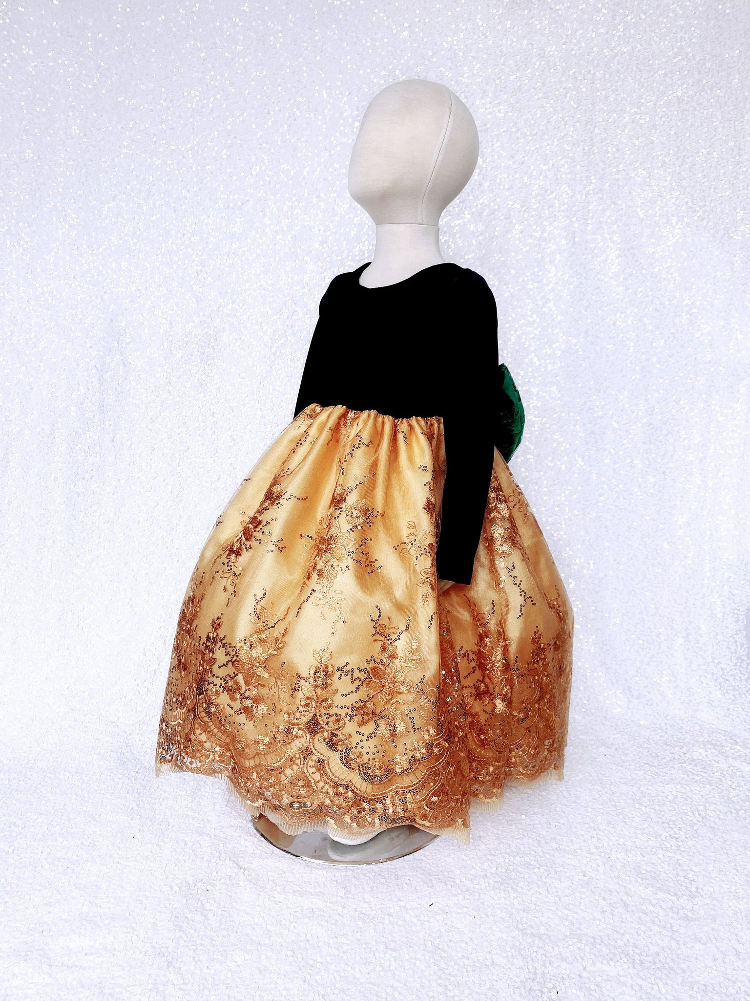 Velvet Black Long Sleeve Gold Embroidery Hunter Green Bow Gown