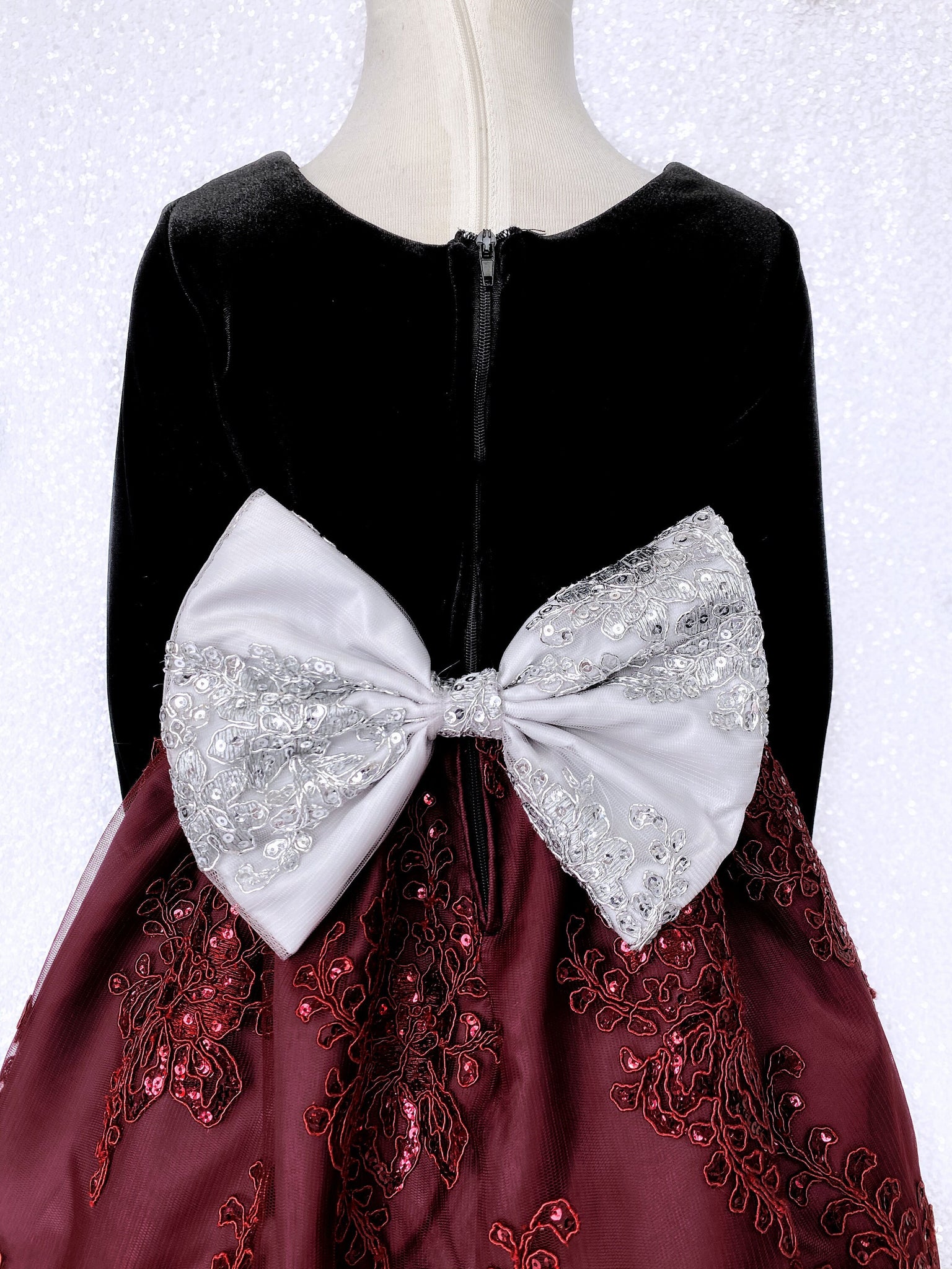 Long Sleeve Black Velvet Burgundy Embroidery Silver Bow Gown