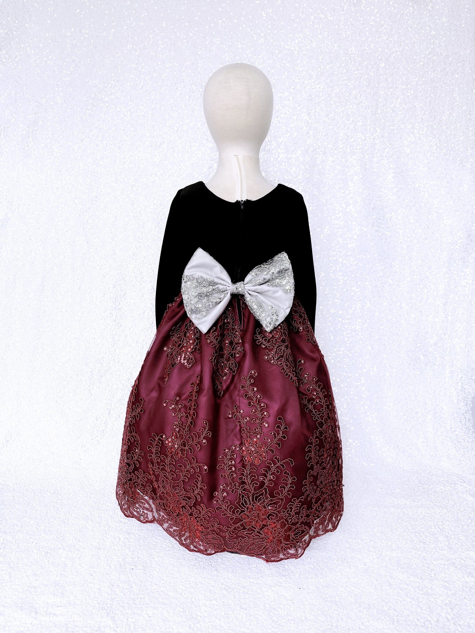 Long Sleeve Black Velvet Burgundy Embroidery Silver Bow Gown