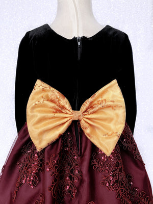 Black Velvet Long Sleeve Burgundy Embroidery Gold Bow Dress