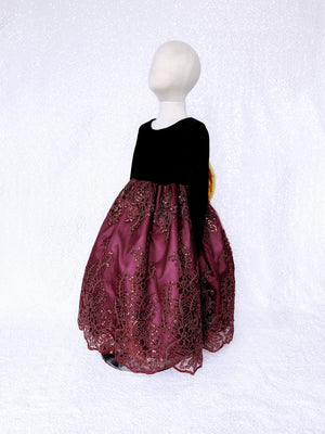 Black Velvet Long Sleeve Burgundy Embroidery Gold Bow Dress