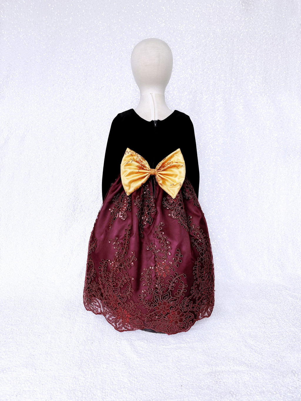 Black Velvet Long Sleeve Burgundy Embroidery Gold Bow Dress