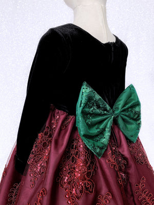 Long Sleeve Black Velvet Burgundy Embroidery Hunter Green Bow Dress