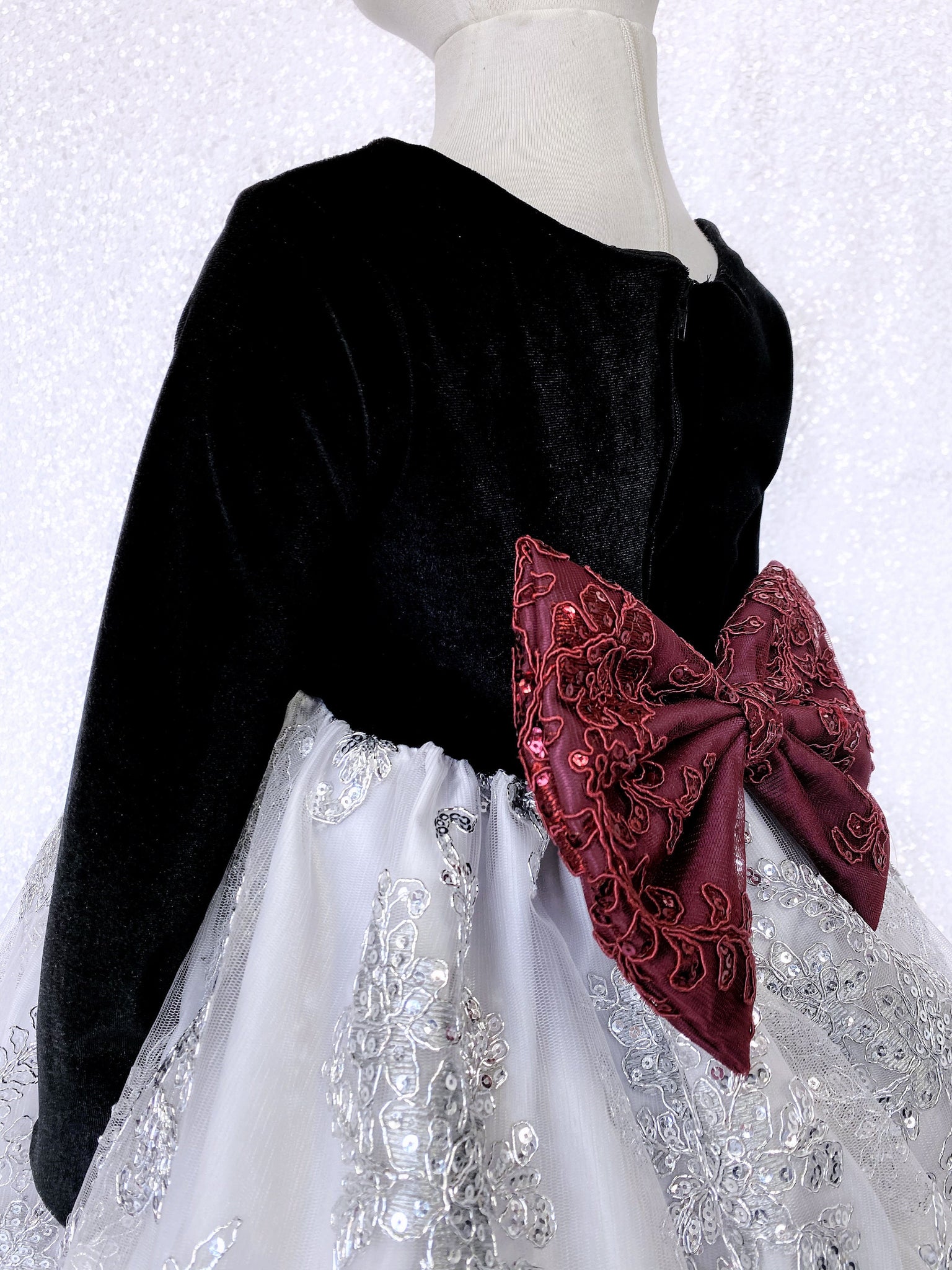 Embroidery Silver Burgundy Bow Velvet Black Long Sleeve Dress