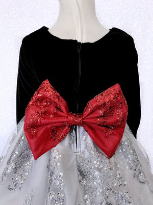 Velvet Black Long Sleeve Silver Embroidery Red Bow Dress