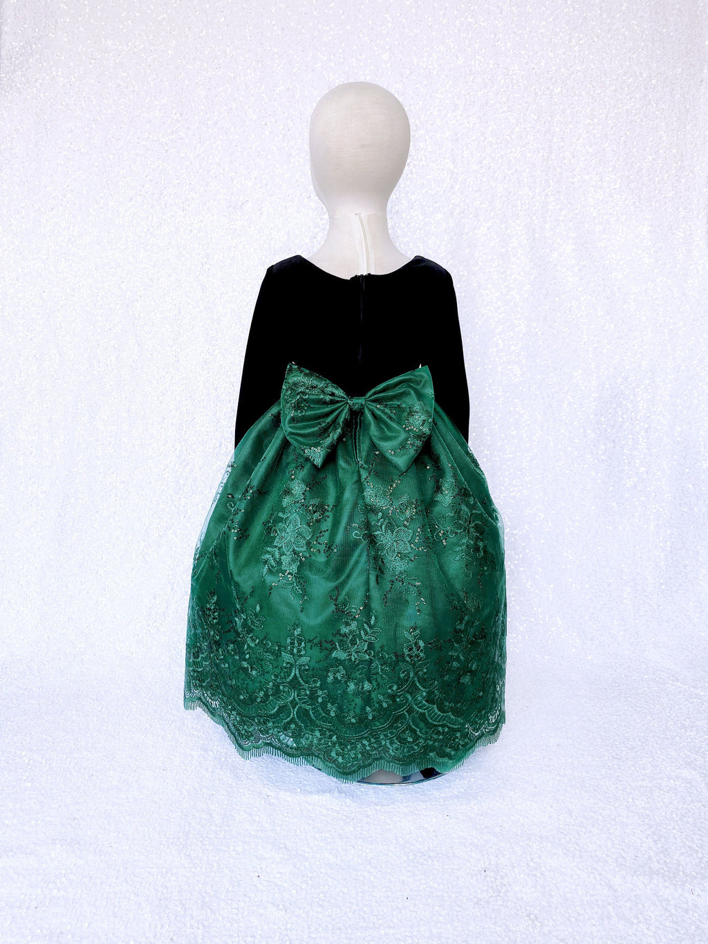 Long Sleeve Black Velvet Hunter Green Embroidery Bow Dress