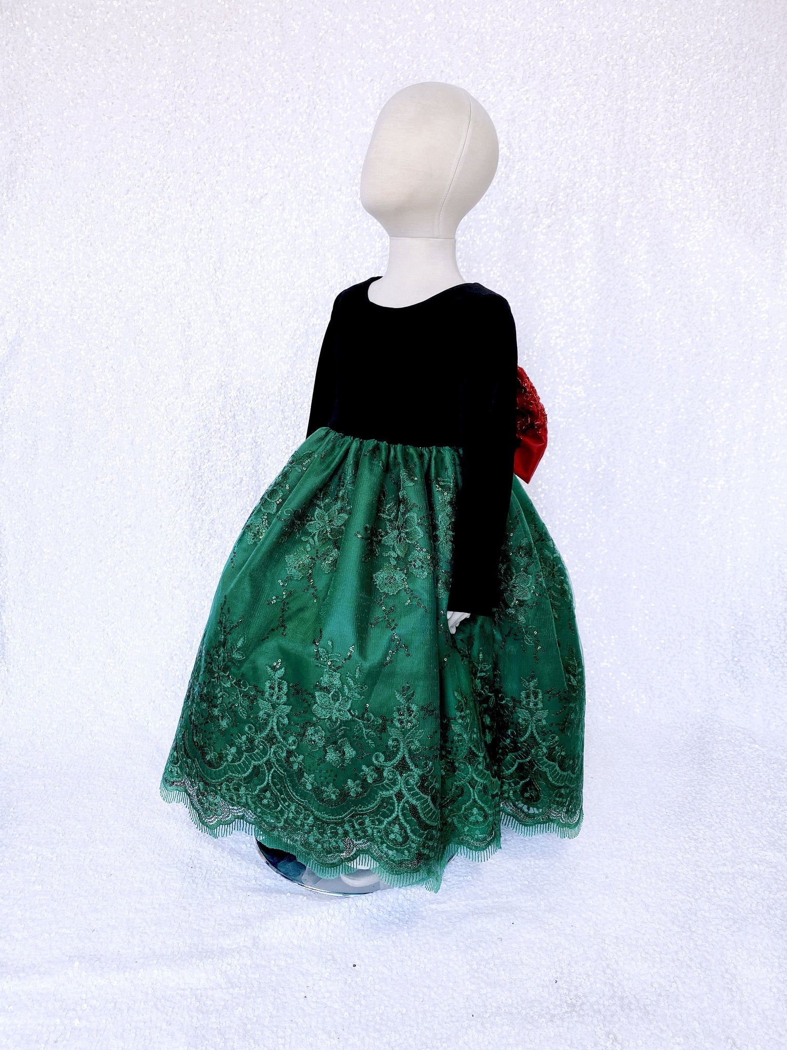 Velvet Long Sleeve Black Embroidery Hunter Green Bow Gown