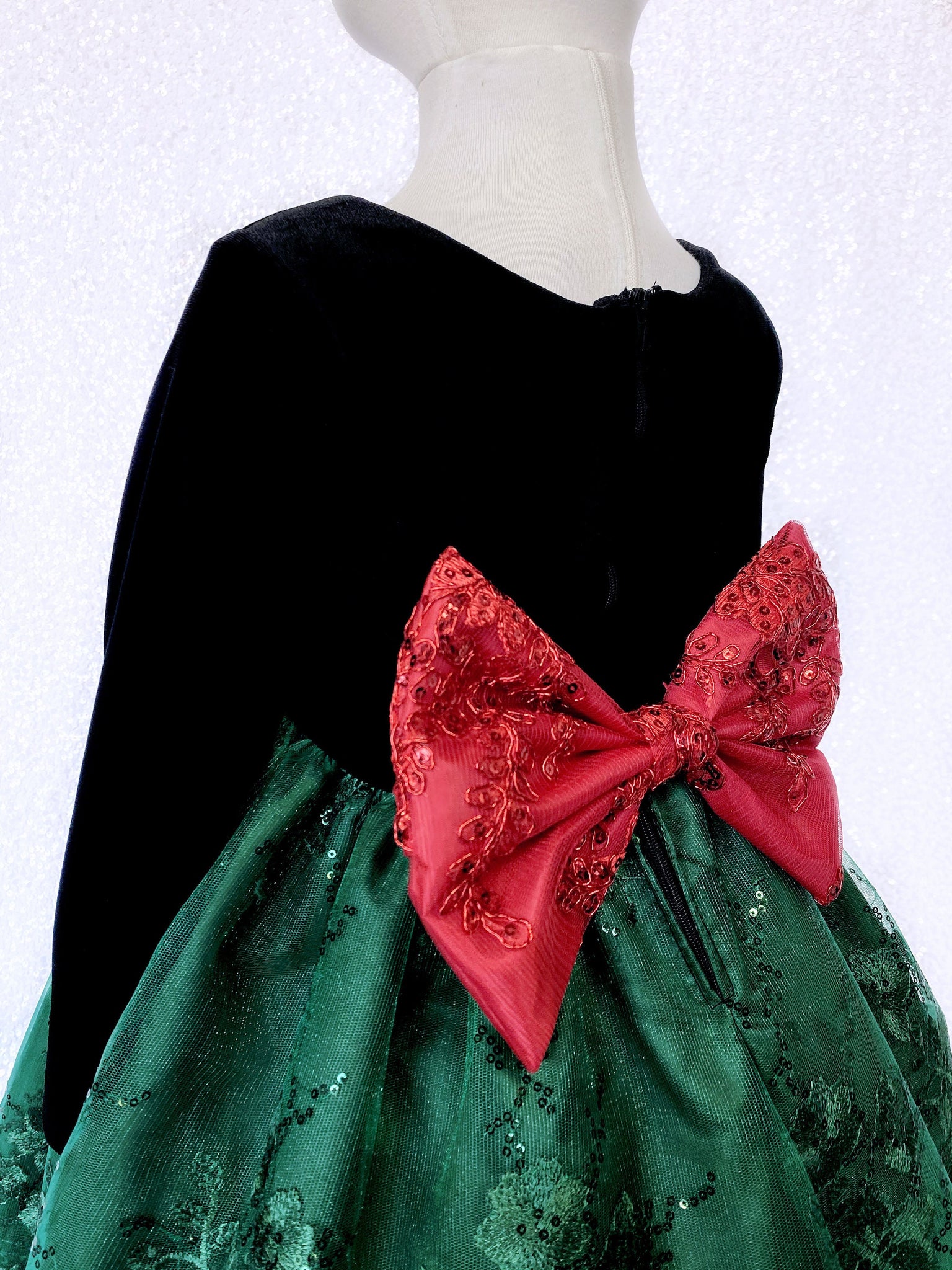 Velvet Long Sleeve Black Embroidery Hunter Green Bow Gown