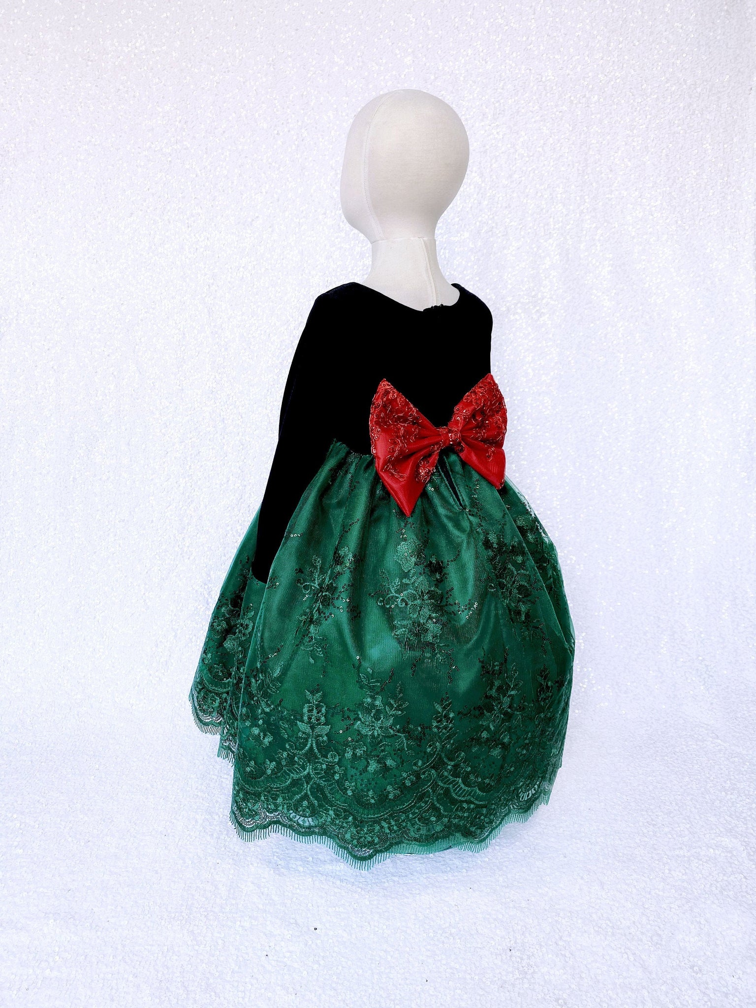 Velvet Long Sleeve Black Embroidery Hunter Green Bow Gown