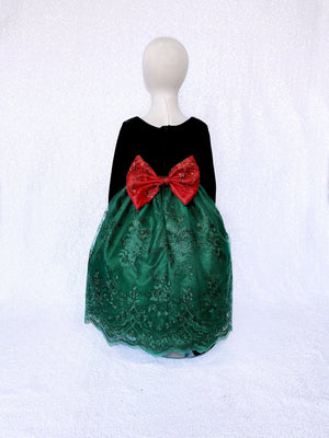 Velvet Long Sleeve Black Embroidery Hunter Green Bow Gown