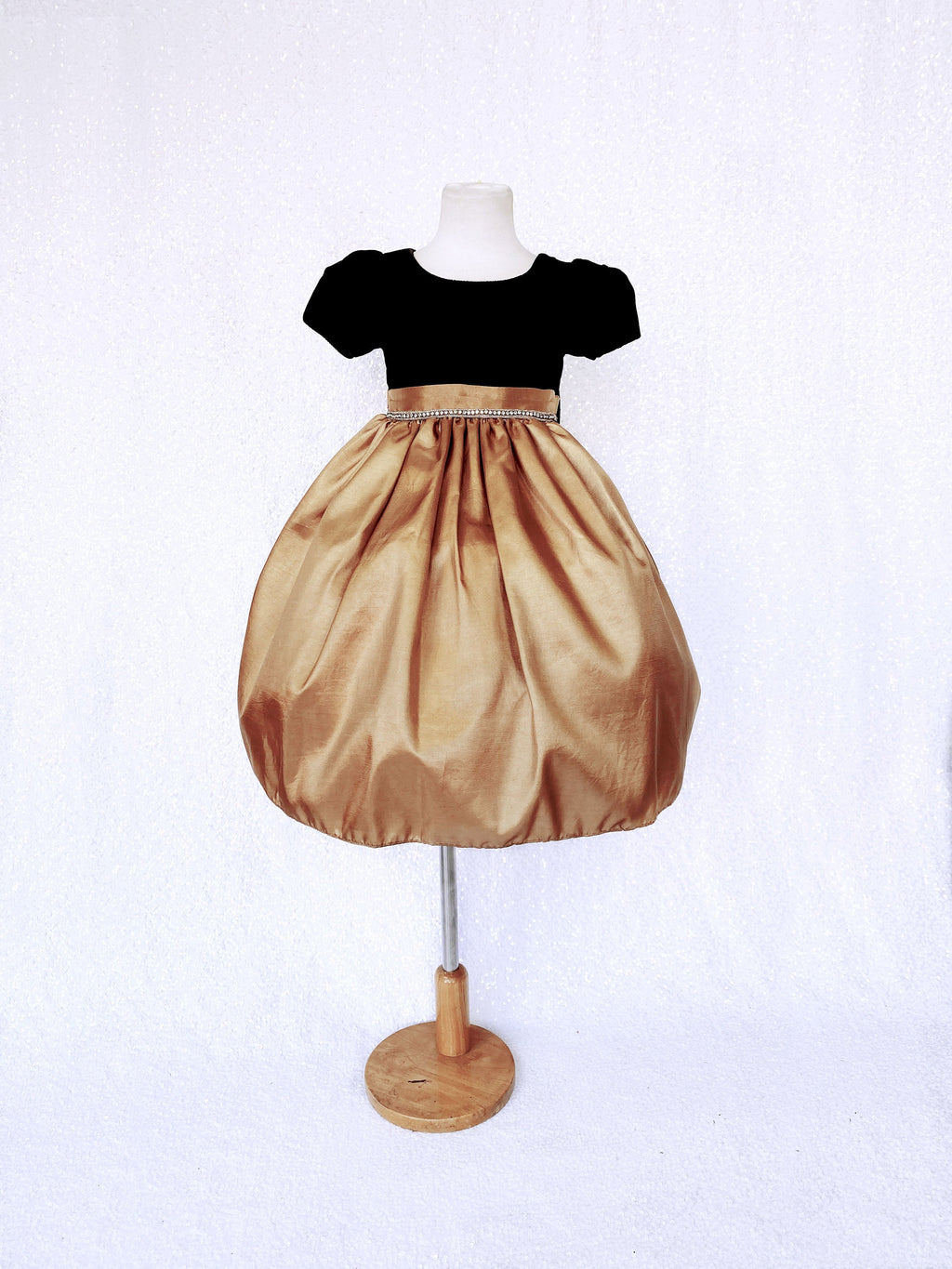 Gold Taffeta Velvet Black Short Sleeve Dress