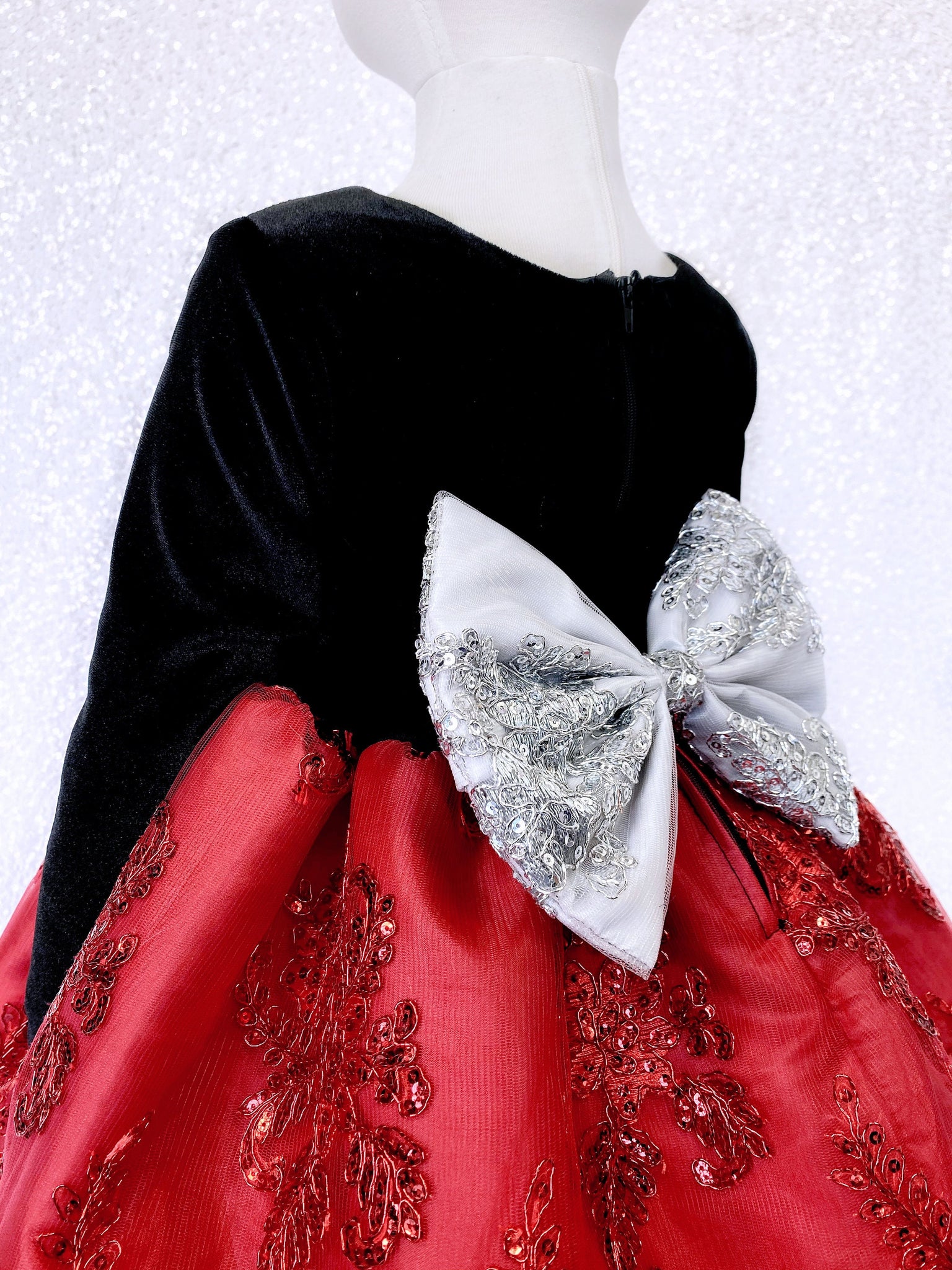 Embroidery Red Black Velvet Long Sleeve Gown Silver Bow